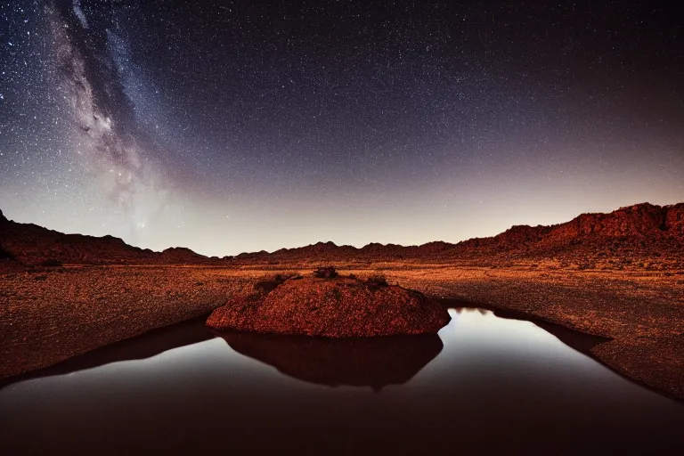 Prompt: beautiful moonlit dark starry landscape photography of an Arizona desert, lake, dramatic lighting