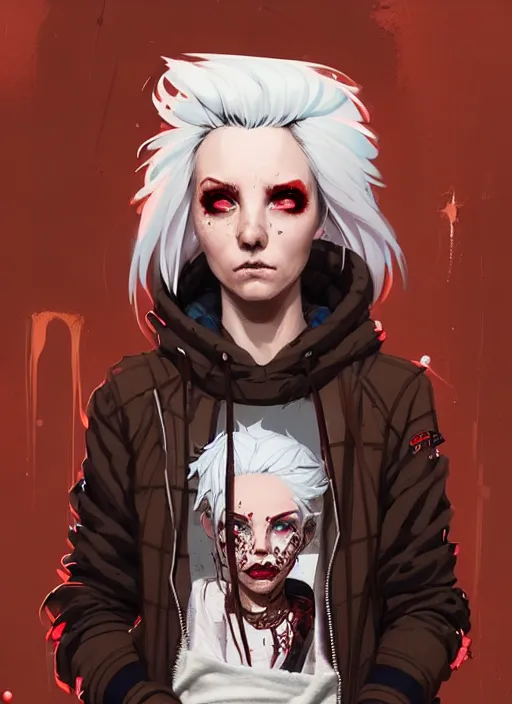 Image similar to highly detailed portrait of a sewer punk canadian lady, tartan hoody, white hair by atey ghailan, by greg rutkowski, by greg tocchini, by james gilleard, by joe fenton, by kaethe butcher, gradient red, brown, blonde cream and white color scheme, grunge aesthetic!!! ( ( graffiti tag wall background ) )