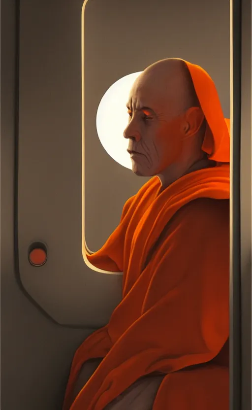 Image similar to portrait of a blind monk in a spaceship, looking out the window, orange robe, dramatic lighting, artstation, matte painting, ralph mcquarrie