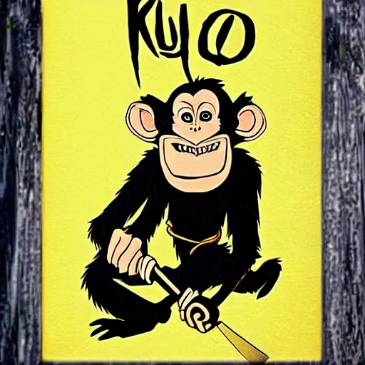 Image similar to Evil genius monkey, carpenter by trade, tool belt, hammer, in the style of Kubo And The Two Strings