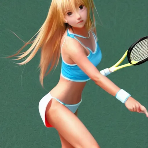 Prompt: a very beautiful young tennis player yuuki asuna, full body, long wavy blond hair, sky blue eyes, full round face, bikini, miniskirt, front view, mid - shot, highly detailed, cinematic wallpaper by stanley artgerm lau