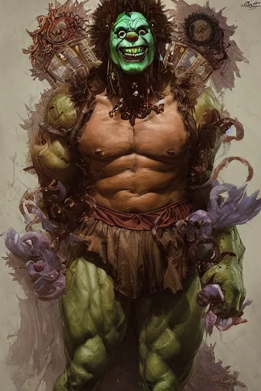 Image similar to portrait of a clown as a hulking herculean demon, forest, godlike, full body, fantasy, intricate, elegant, highly detailed, digital painting, artstation, concept art, sharp focus, illustration, art by artgerm and greg rutkowski and alphonse mucha