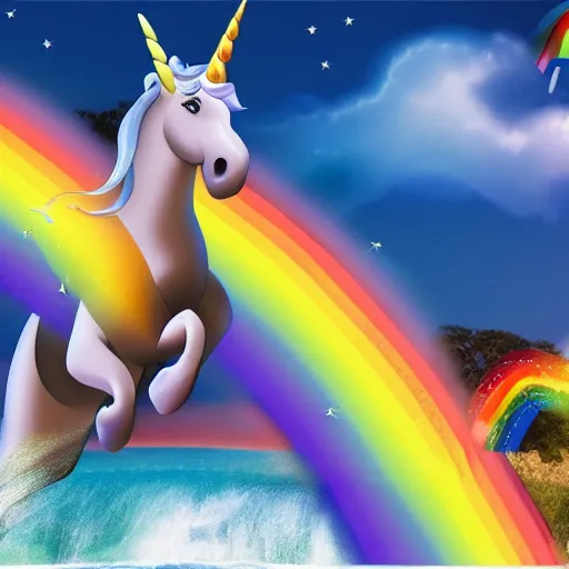 Prompt: unicorn surfing on rainbows, cinematic