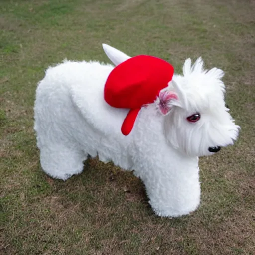 Prompt: white Scottish terrier stuffed animal wearing a red beret and red vest