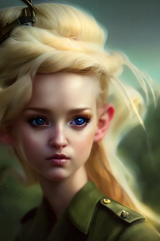 Image similar to cinematic shot of an epic portrait of a cute blonde fairy dressed in military clothes, stylised military clothes, shiny skin, beautiful eyes, beautiful, small details, night setting, realistic poster with volumetric light from craig mallism, artgerm, jeremy lipkin and michael garmash, unreal engine, radiant light, digital art, trends at art station, a masterpiece