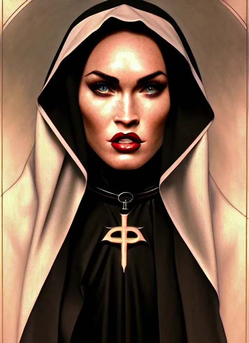 Image similar to portrait of megan fox as a satanic nun with face tattoos, catholic, church, bible, christian, intricate, headshot, highly detailed, digital painting, artstation, concept art, sharp focus, cinematic lighting, illustration, art by artgerm and greg rutkowski, alphonse mucha, cgsociety