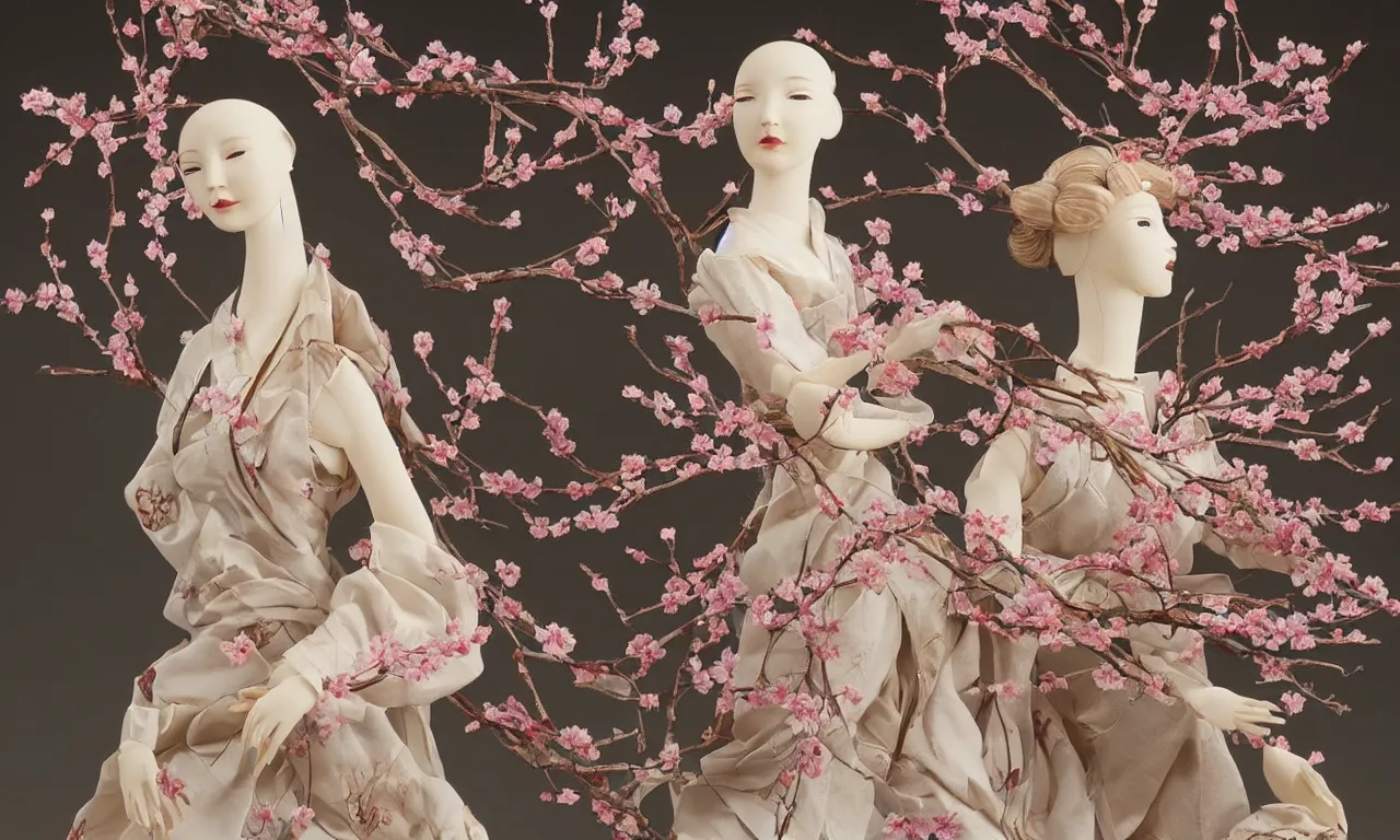 Prompt: a portrait of a beautiful female mannequin, a jointed wooden art doll with long flowing hair, holding paper fans, cherry blossom, plum blossom, flowing silk robes, by Yoshitaka Amano