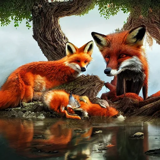 Image similar to a portrait of a fox family drinking on a river in a forrest, an ultrafine hyperdetailed illustration by kim jung gi, irakli nadar, takato yamamoto, intricate linework, bright colors, porcelain skin, unreal engine 5 highly rendered, fashion photography, fractal background, global illumination, radiant light, detailed and intricate environment