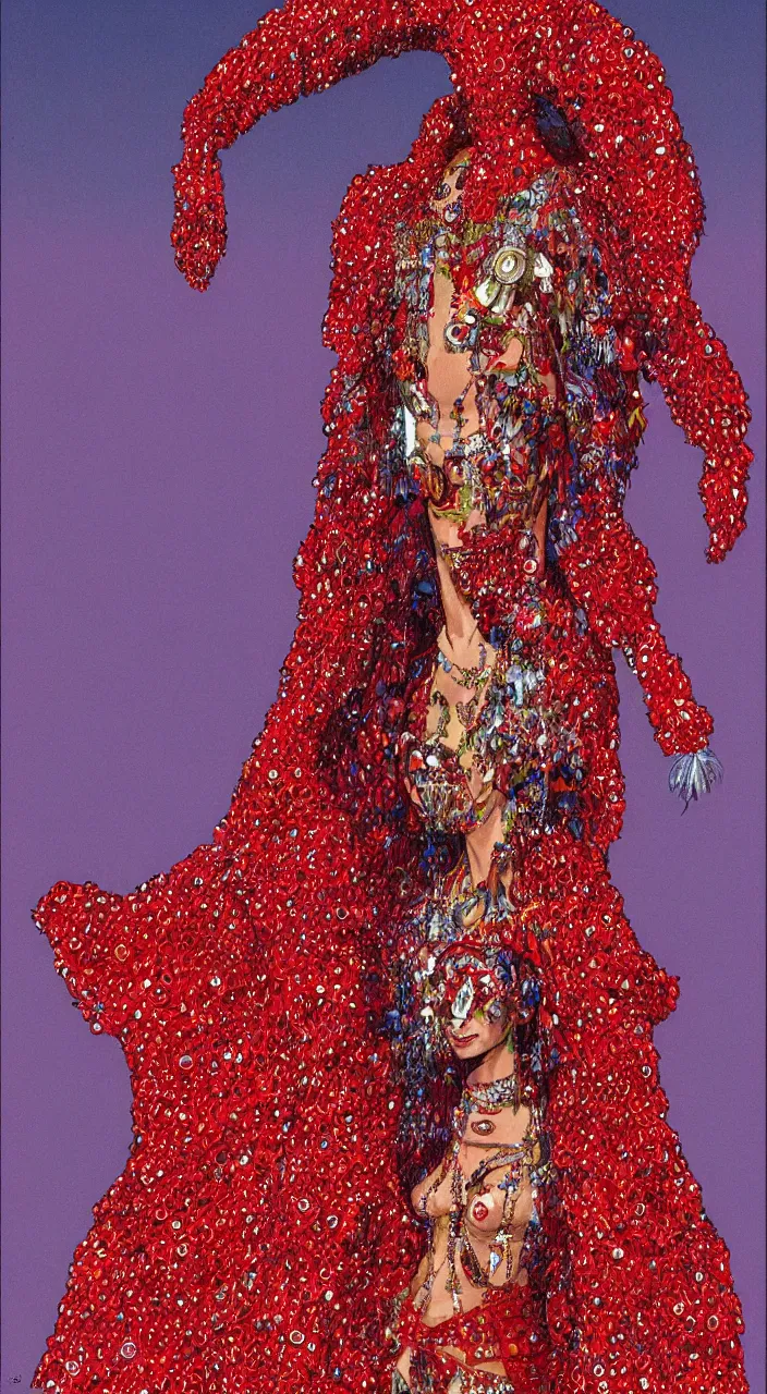 Image similar to a full - body woman character design concept art wearing a red sequined bodysuit, beads hanging over her face like an alexander mcqueen headdress, costume by eiko ishioka, haute couture by moebius, steven outram, colorful and psychedelic