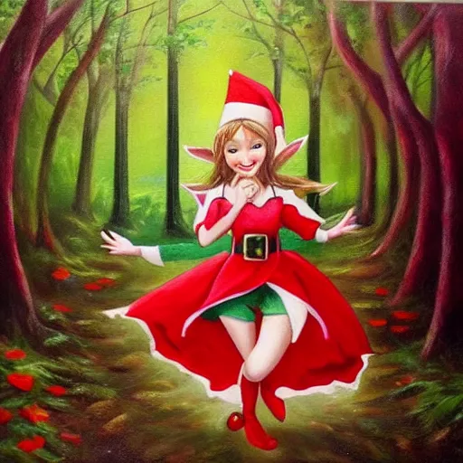Prompt: cute elf young woman being kawaii and dancing happily through the forest. Award winning oil painting