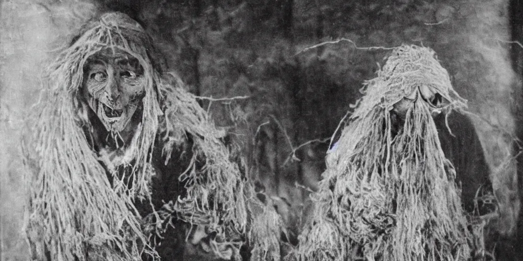 Prompt: 1 9 2 0 s spirit portrait photography of an old female farmer 9 1 2 4 8 turning into a krampus ghost with hay cloth in the dolomites, by william hope, dark, eerie, grainy