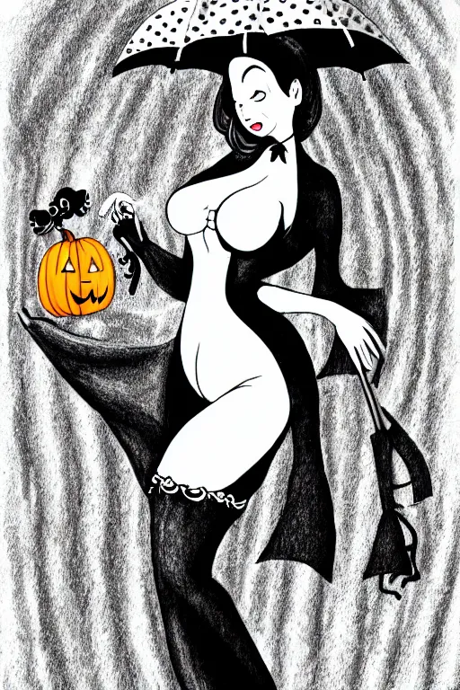 Image similar to black and white ink drawing of a beautiful curvy woman in short gothic skirt holding an umbrella next to a pumpkin by tim burton and edward gory