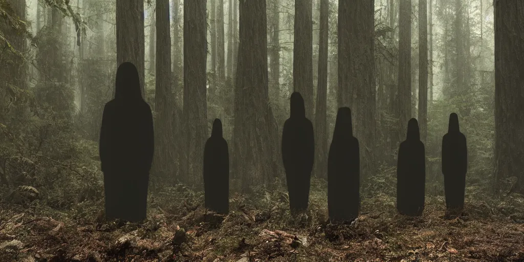 Prompt: a photograph of several tall dark evil figures in the deep California woods, volumetric lighting, chromatic aberration, in the style of Alex Stoddard