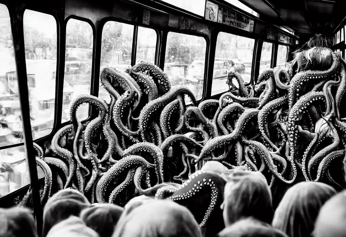 Image similar to photo of a interior of a crowded bus, there is a huge monster octopus trying to break in, octopus beak, tentcles creeping in thrugh the windows and gaps, people are scared and screaming while trying to flee through the windows, 1 6 mm lens,