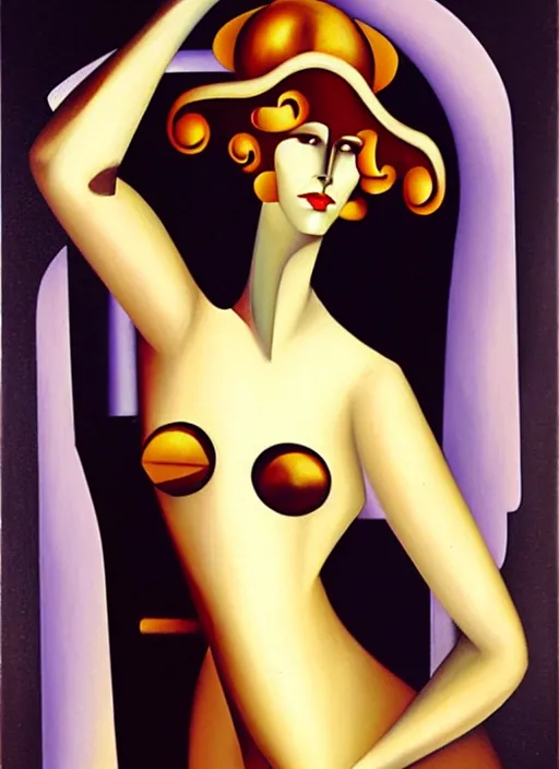 Prompt: image of beautyful female android steampunk by tamara de lempicka,