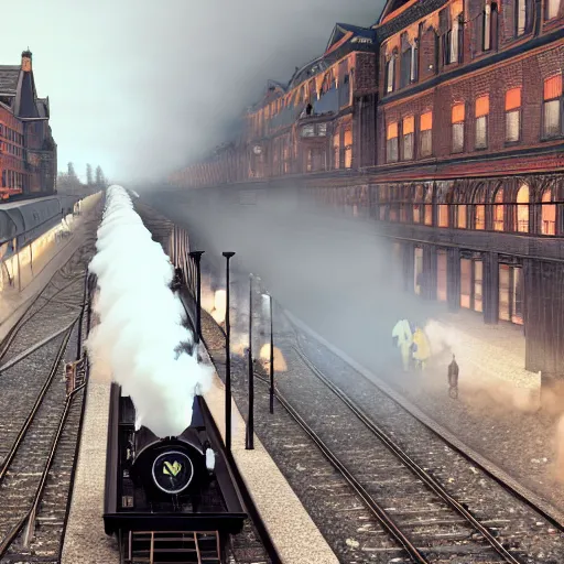 Image similar to a black steam locomotive pulling a train into a Victorian era crowded train station, slight fog, highly detailed, octane render, unreal engine 5