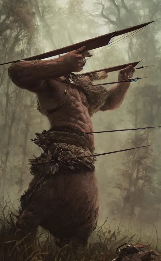 Image similar to portait of a pig archer shooting arrow at forest monster, front game card, drark, marvel comics, dark, intricate, highly detailed, smooth, artstation, digital illustration by ruan jia and mandy jurgens and artgerm and wayne barlowe and greg rutkowski and zdislav beksinski