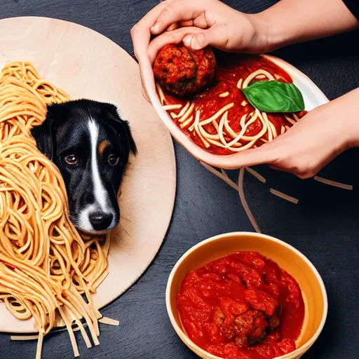 Image similar to photo of two dogs eating spaghetti and meatballs, tomato sauce, 50mm, beautiful photo