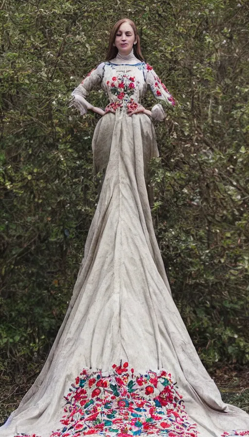 Image similar to long beautiful voluminous medieval court dress with train and embroidered flowers