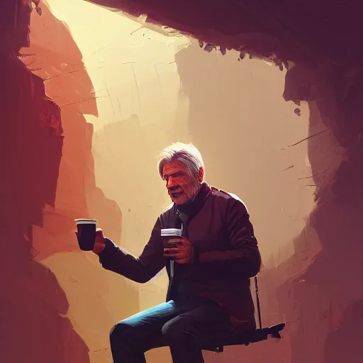 Image similar to harrison ford drinking coffee, colorful, contrast, 3 d scene, greg rutkowski, zabrocki, karlkka, jayison devadas, trending on artstation, 8 k, ultra wide angle, zenith view, pincushion lens effect