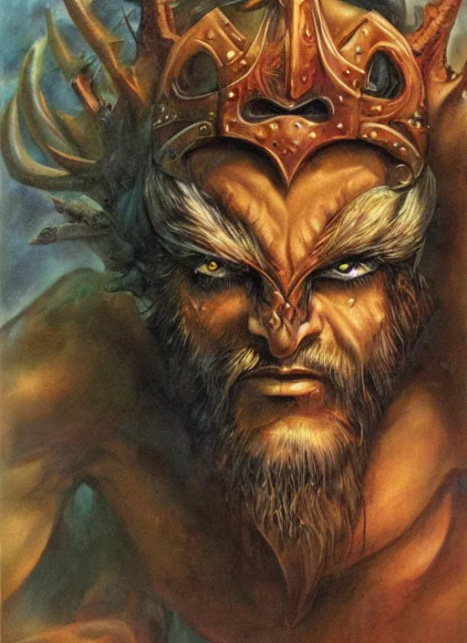 Image similar to portrait of strong grizzled male god of the hunt, iron crown, claw scarsstrong line, deep color, beautiful! coherent! by boris vallejo, by brian froud