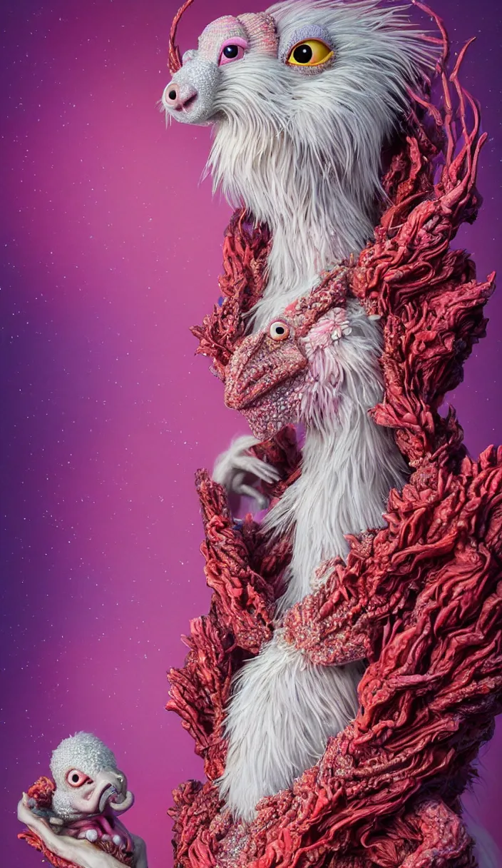 Prompt: hyper detailed 3d render like a Oil painting - kawaii portrait Aurora (a beautiful skeksis white muppet ferret queen from dark crystal that looks like Anya Taylor-Joy) seen red carpet photoshoot in UVIVF posing in scaly dress to Eat of the Strangling network of yellowcake aerochrome and milky Fruit and His delicate Hands hold of gossamer polyp blossoms bring iridescent fungal flowers whose spores black the foolish stars by Jacek Yerka, Ilya Kuvshinov, Mariusz Lewandowski, Houdini algorithmic generative render, Abstract brush strokes, Masterpiece, Edward Hopper and James Gilleard, Zdzislaw Beksinski, Mark Ryden, Wolfgang Lettl, hints of Yayoi Kasuma, octane render, 8k