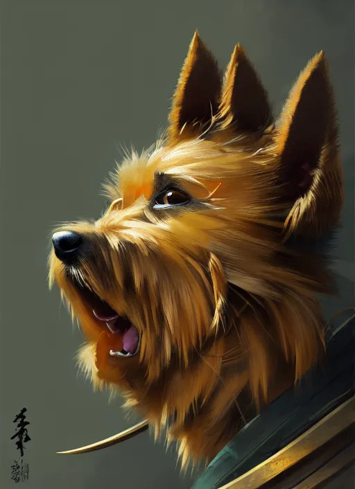 Image similar to norwich terrier as an samurai, backround dark, highly detailed, digital illustration, trending in artstation, modern painting, smooth, sharp focus, intricate, by peter mohrbacher