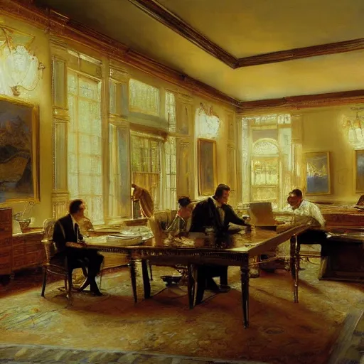 Prompt: detailed cinematic wide shot of sucession interior design corporate office spring light, painting by gaston bussiere, craig mullins, j. c. leyendecker