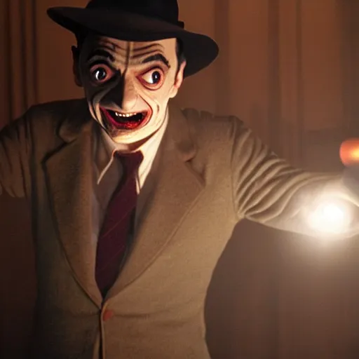 Image similar to mr. bean as freddie krueger. movie still. cinematic lighting.