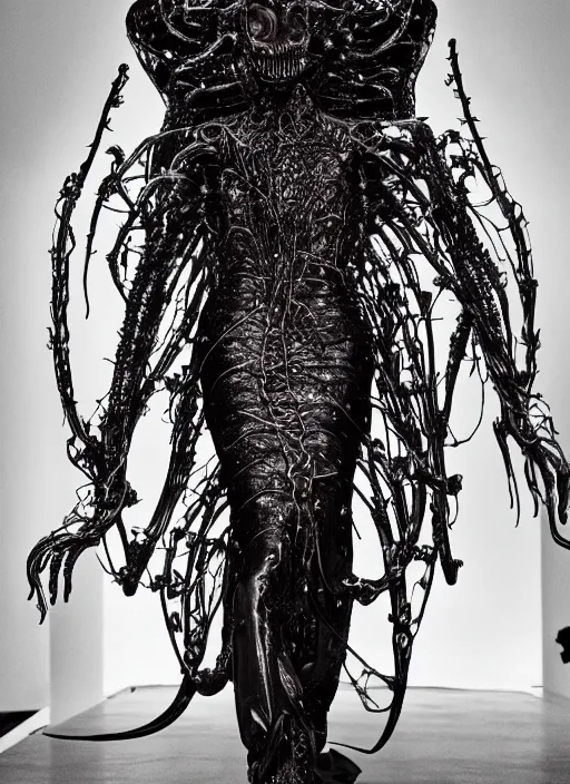 Image similar to walking down the catwalk, ben watts, show, stage, vogue photo, podium, fashion show photo, historical baroque dress dark, iris van herpen, beautiful woman, masterpiece, intricate, biopunk, vogue, full body shot, alien, plant predator, guyver, jellyfish, white biomechanical details, highly detailed