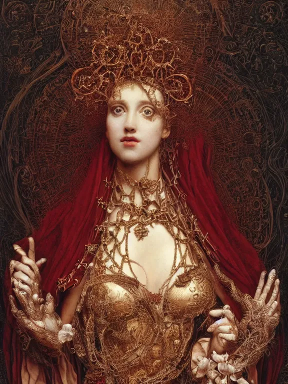 Image similar to a beautiful render of a baroque catholic veiled red queen with symmetry intricate detailed heart sculpture,by Lawrence Alma-Tadema, peter gric,aaron horkey,Billelis,trending on pinterest,hyperreal,jewelry,gold,intricate,maximalist,glittering,golden ratio,cinematic lighting