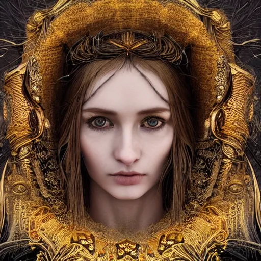 Image similar to highly detailed sharp photorealistic portrait of a beautiful lithuanian female priestess with shimmering hair, symmetrical face and eyes, dressed in intricate flowing silk, the silky cloth lined with golden glowing letters, cgsociety, Elden Ring, Dark Souls, Bloodborne H 640