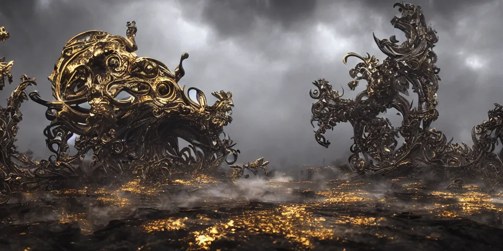 Image similar to white bird skulls, gold ram skulls, copper goat skulls, grand imposing powerful sculpture. swirls of mist. occult photorealism, uhd, amazing depth, volumetric lighting, cinematic lighting. epic landscape.