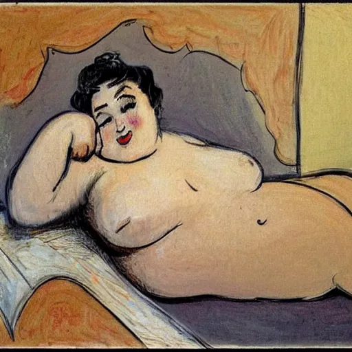 Image similar to a beautiful fat woman drinking coffee in a bed with white sheets drinking coffee in the style of telous lautrec