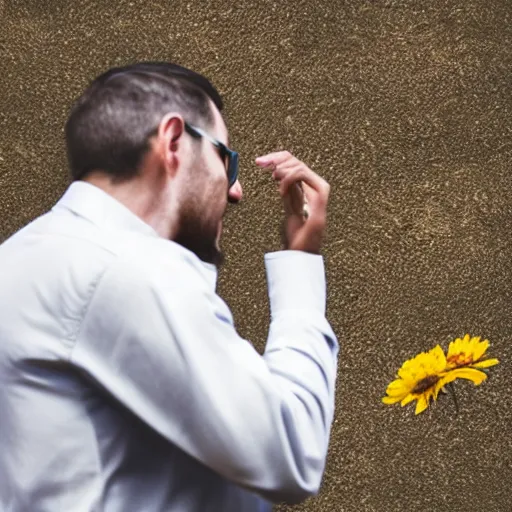 Prompt: a photo of a man arguing with a bee, the man is losing