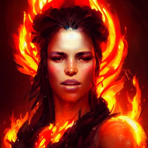 Prompt: a beautiful portrait of a flame goddess by Greg Rutkowski and Raymond Swanland, Trending on Artstation, Flaming Background, ultra realistic digital art