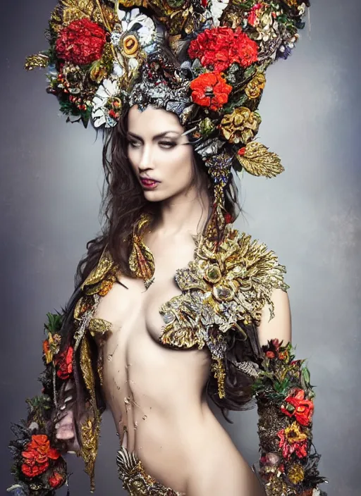 Prompt: expressive full body photo of a female model, ornate headpiece made from flowers, ornaments, glamour shot, by karol bak, by stefan gesell, photorealistic, canon r 3, fashion photography, hyper maximalist, elegant, ornate, luxury, elite, environmental portrait, symmetrical features, octane render, unreal engine, solid dark grey background, dramatic lights
