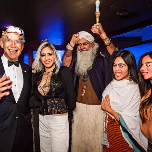 Prompt: 4 k portrait sony a 7 f 2. 8 of president joe biden as a taliban leader surrounded by beautiful dancing instagram model women praying with cocktail bar lighting