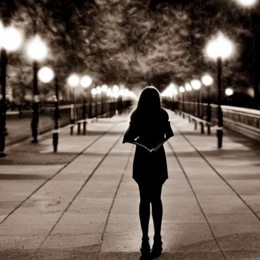 Image similar to a girl reading book, hair flowing down, city park, street lights, contrast, dramatic, by Noel Coypel