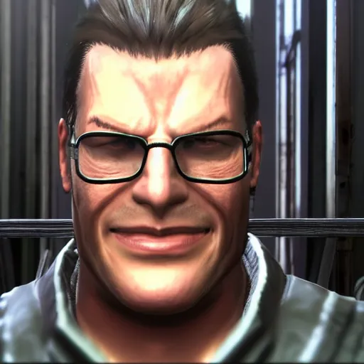 Prompt: screenshot of a smiling muscular matusz morawiecki wearing glasses from the game metal gear rising : revengeance ( 2 0 1 3 ), 4 k, high quality