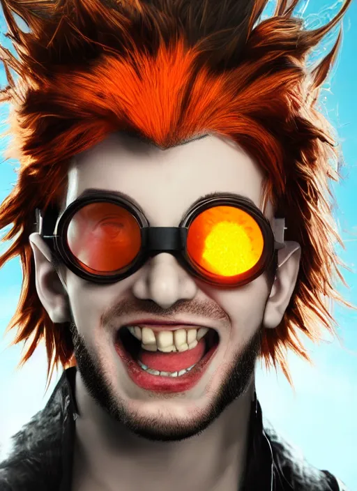 Image similar to An epic fantasy comic book style portrait painting of young man with red spiked long hair, using an orange lens googles. Wearing a black waistcoat, white shirt. He is with a vicious smile in face. Unreal 5, DAZ, hyperrealistic, octane render, cosplay, RPG portrait, dynamic lighting