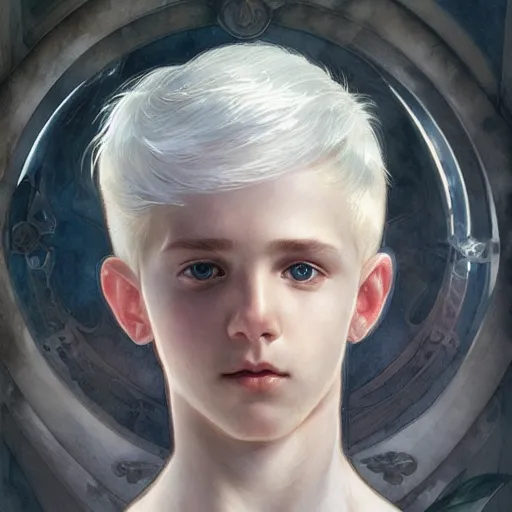 Image similar to young boy, white hair, gorgeous, amazing, delicate, elegant, intricate, highly detailed, watercolor, portrait, artstation, concept art, sharp focus, illustration, art by artgerm and greg rutkowski and alphonse mucha