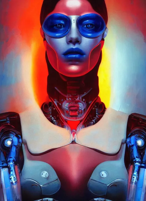 Prompt: ( symmetry ) closeup portrait of a stunning artificial cyborg female scientist, blue glasses, strong cinematic light, backlight glow, red yellow, viscous smoke, vapour, mist, by gerald brom, by mikhail vrubel, by peter elson, muted colors, extreme detail, trending on artstation, 8 k