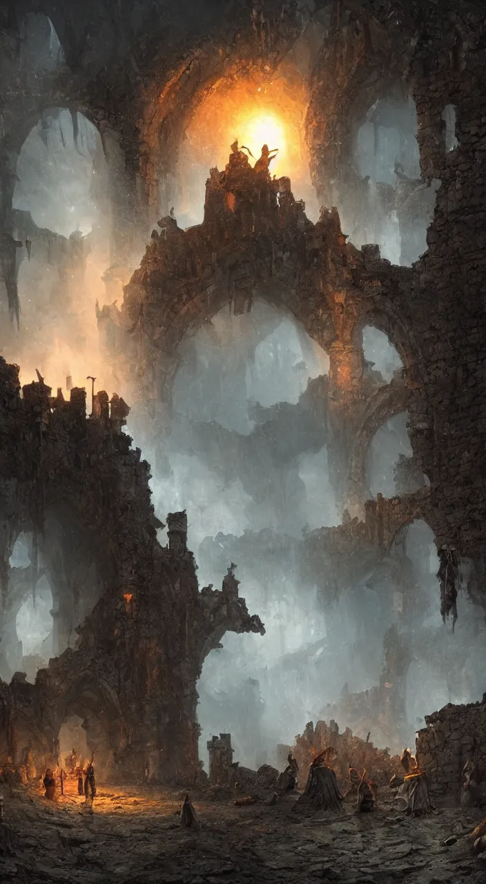 Image similar to a dragon attacking five medieval explorers inside a ruined castle, ruined medieval architecture, magic, dark atmosphere, mist, vivid lighting, complementary colors, highly detailed, 8 k matte painting, cinematic lighting, artstation, by marc simonetti, by chris cold, by vladimir manyukhin, octane render