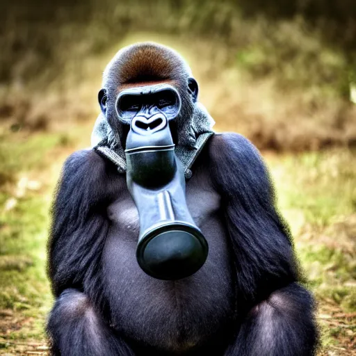 Image similar to high quality photo of A gorilla wearing a gas mask, realism, 8k, award winning photo