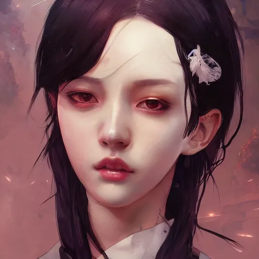 Image similar to a pale skinny white young girl, black hair, the hime cut, 1 8, k - pop fashion, apex legends character, digital illustration portrait design, by android jones and greg rutkowski, retrowave color scheme, detailed, cinematic lighting, wide angle action dynamic portrait