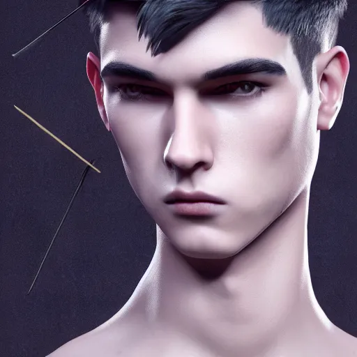 Image similar to innovative avant-garde art, deco fashion, young boy with sharp jawline, royal theme, highly detailed, photorealistic portrait, crisp quality and light reflections, unreal engine 5 quality render