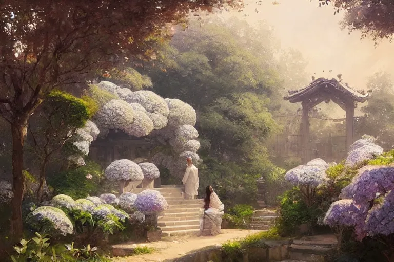 Prompt: a beautiful painting of the garden of hydrangea, shrine, two people, by greg rutkowski, trending on artstation