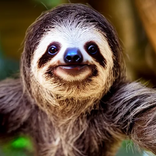 Image similar to baby cute sloth looking at the camera, most cute realistic animal in the world, best photo award, high quality 8 k, cinematic lighting