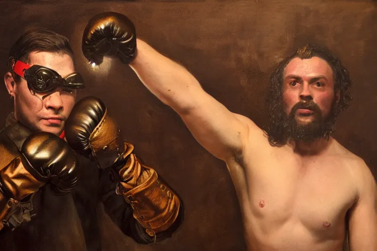 Image similar to portrait, realistic painting image about a steampunk boxer with electric boxing gloves, versus a humanoid pig. dramatic scene, horror, dramatic lighting realism, created by gustave courbet and michaelangelo, trending in artstation, fine art, smooth draw with oil painting.